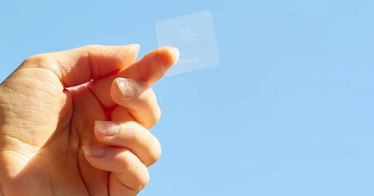 Hand holding a translucent melatonin sleep patch against a clear blue sky background